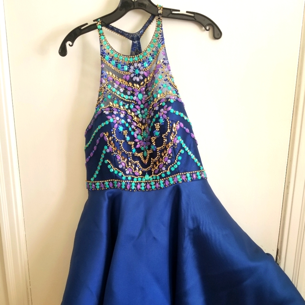 New Satin And Beaded Formal Dress, Short Fit to Flare. Prom Perfect!